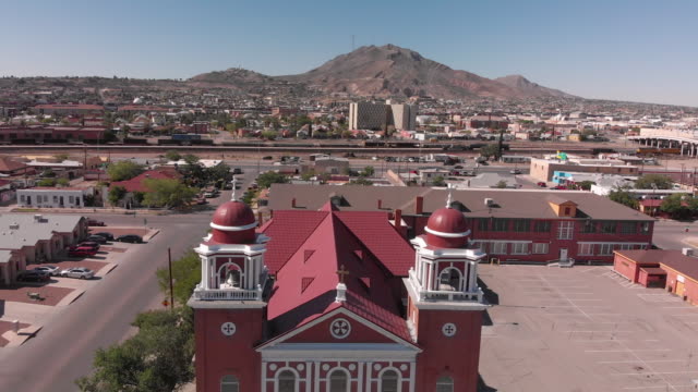 Aerial View Of The Beautiful Old Mission Style Saint Ignatius Church In El Paso, Close To The Border Crossing