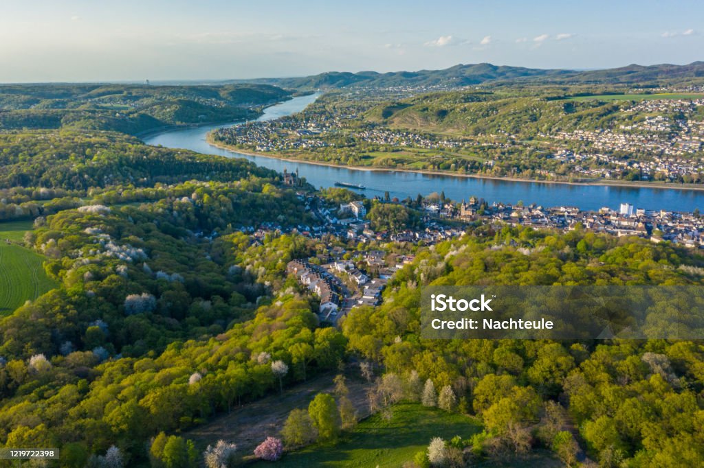 Aerial view of the Rhine Valley and the Cities Remagen  Erpel and Unkel Germany Aerial view of the Rhine Valley and the Cities Remagen  Erpel and Unkel Germany springtime Remagen Stock Photo