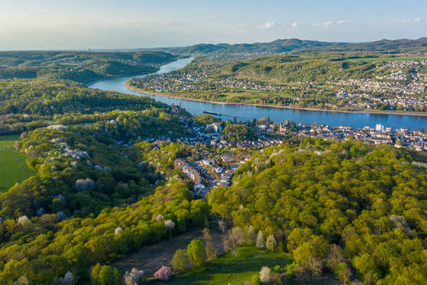 Aerial view of the Rhine Valley and the Cities Remagen  Erpel and Unkel Germany Aerial view of the Rhine Valley and the Cities Remagen  Erpel and Unkel Germany springtime rhineland stock pictures, royalty-free photos & images
