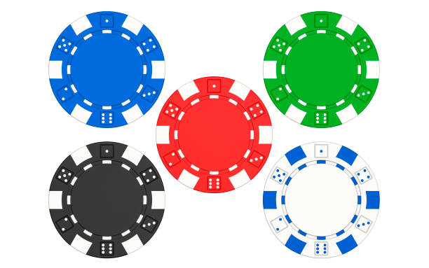 illustration de rendu 3d de cinq jetons de poker isolés sur le fond blanc. un ensemble de jetons de casino isolés sur le fond blanc. - gambling chip green stack gambling photos et images de collection