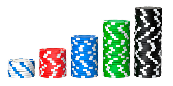3D rendering illustration of poker chips stocks as a big win concept. Colored casino chips isolated on white background