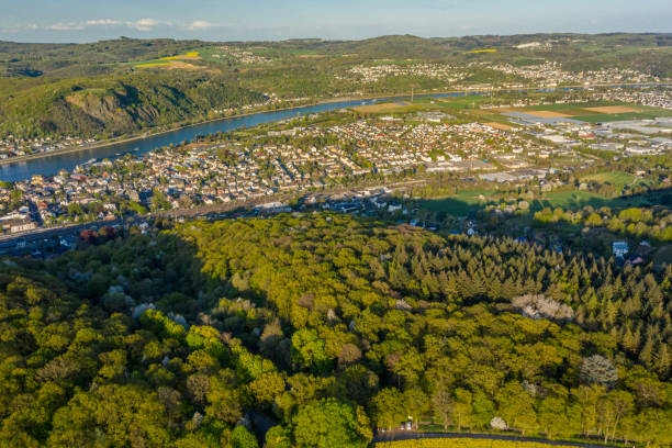 Aerial view of the Rhine Valley and the Cities Remagen and Linz am Rhein  springtime Aerial view of the Rhine Valley and the Cities Remagen and Linz am Rhein  springtime Germany bonn photos stock pictures, royalty-free photos & images