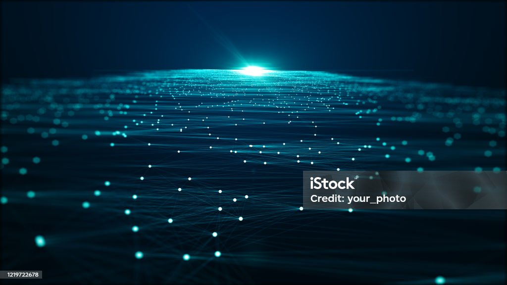 Abstract technology big data background concept. Motion of digital data flow. Transferring of big data. Transfer and storage of data sets, blockchain, server,  hi-speed internet. Technology Stock Photo