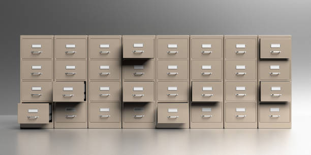 archivadores en un fondo gris. organización de archivos de documentos de office. ilustración 3d - filing cabinet cabinet archives drawer fotografías e imágenes de stock