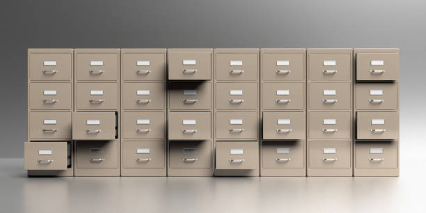 キャビネットを灰色の背景にファイリングします。office ドキュメント ファイルの組織。3d イラスト - filing cabinet cabinet archives drawer ストックフォトと画像