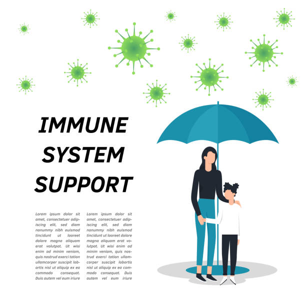 istock Family vector flat illustration during Coronavirus Covid-19. Coronavirus infection control. Bacteria in the air. Immune system protection, boost, boosters, support. Protection with umbrella 1219723673