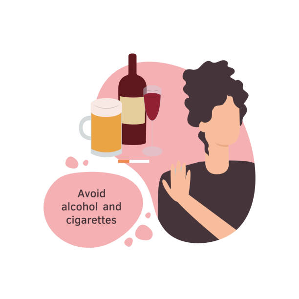 векторная изолированная иллюстрация женщины, избегая алкоголя и сигарет в плоском стиле дизайна. - liliya stock illustrations