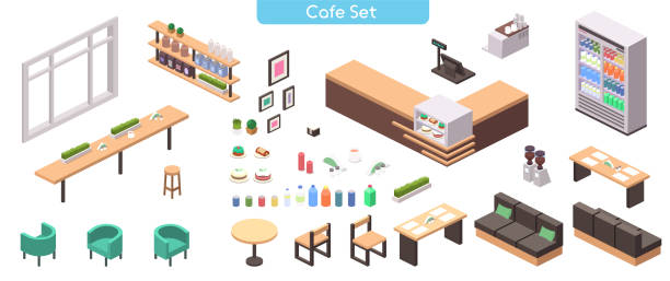 Vector realistic illustration isometric cafe set Vector realistic illustration of cafe or cafeteria furniture set. Isometric view of tables, sofa, seats, counter, cash register, cakes, showcase, bottle, shelve, coffee machine, decor isolated objects cash register coffee shop restaurant table stock illustrations