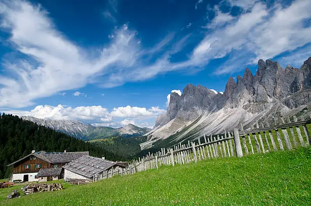Mountain hut at the Geisler group (Gruppo delle Odle) in the Dolomites. (UNESCO - world nature heritage in South Tyrol, Italy)