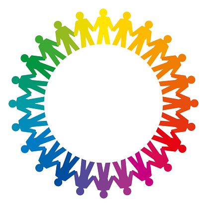 People holding hands forming a big rainbow circle. Abstract symbol of connected people standing a circle to express friendship, love and harmony. We are one world. Black and white illustration. Vector