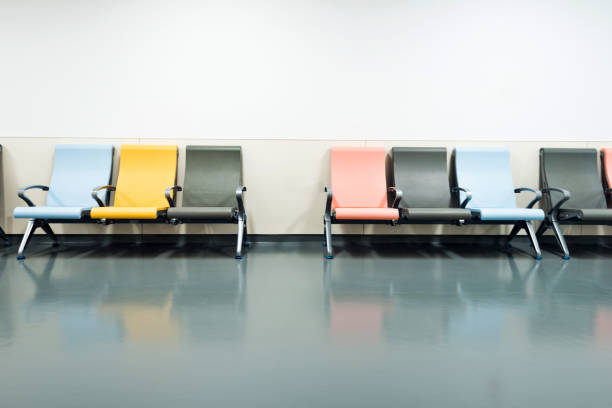 Colorful seats in hospital corridor.