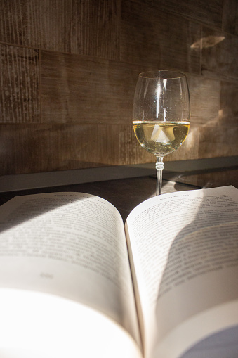 Open book and glass of white wine in sun rays. Literature concept. Book and glass on table. Home education concept. Comfortable lifestyle. Old open book and glass of champagne in sunshine.