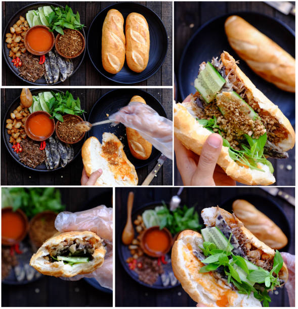 Close up woman hand prepare breakfast, Vietnamese vegan bread stuff with mushroom pie, tomato sauce, herb
