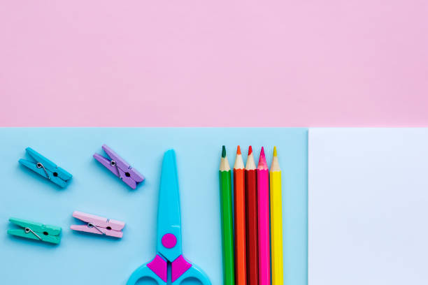 istock Office supplies on a pink and blue background. Work at home. 1219728980