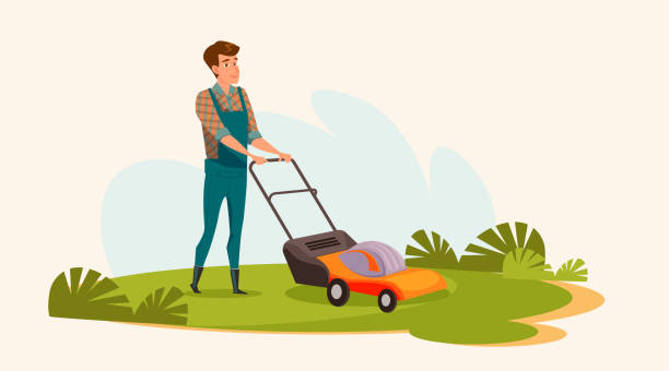 Young man mowing lawn flat vector illustration Young man mowing lawn flat vector illustration. Landscaping service worker, gardener cartoon character. Smiling guy in overalls working with lawnmower. Grass trimming, gardening, outdoor chores lawn mower clip art stock illustrations
