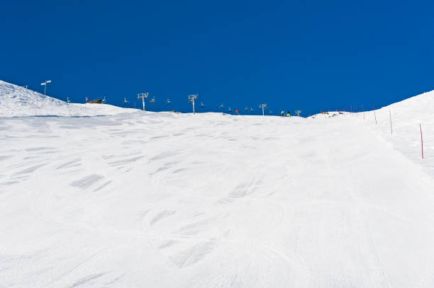 istock View up a piste in alpine ski resort 1219729241
