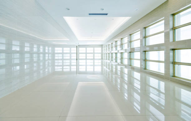 Empty lobby with glass window in hospital.