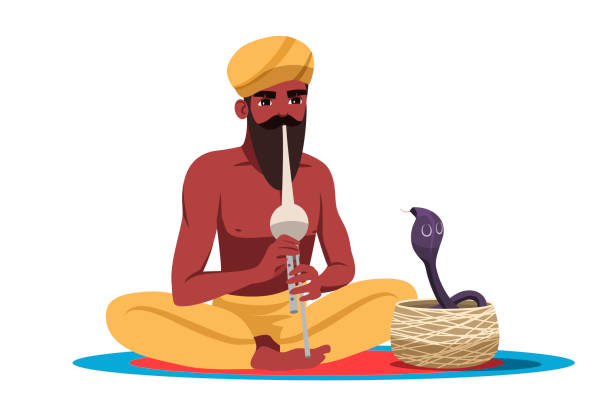 Bearded indian snake charmer isolated on white Bearded indian snake charmer isolated on white background. Snake cobra dance during musician playing on pipe flute. Man trainer wearing traditional turban and pants sitting in lotus position snakes beard stock illustrations
