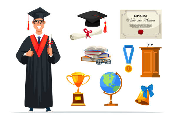 Happy graduate student and accessory set on white Graduate student wearing gown and hat holding diploma. Degree certificate roll, gold medal and trophy cup, globe, bell, tribune. Education and graduation accessory set isolated on white background graduation clothing stock illustrations