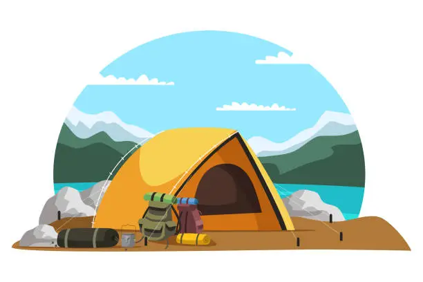 Vector illustration of Summer travel tourism and camp outdoor on nature