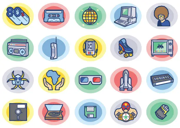 Vector illustration of Retro 80s Color Icons Set