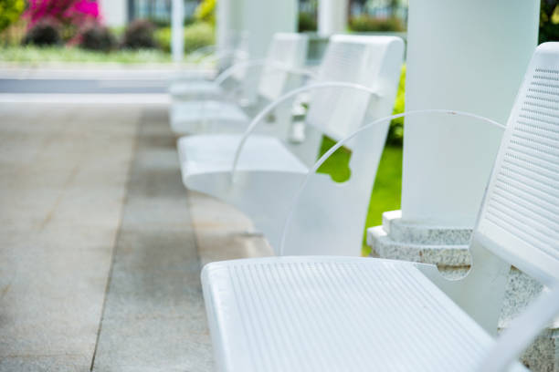 White benches in medical clinic.