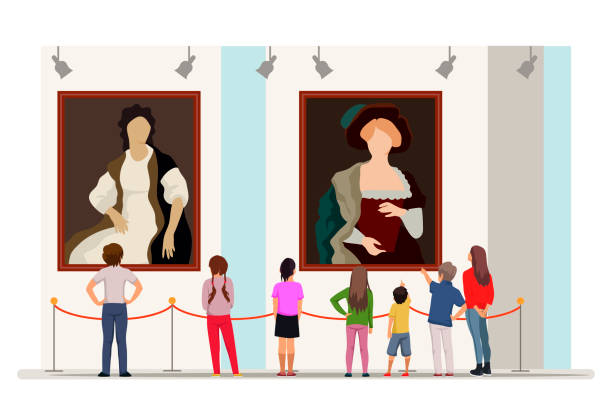 illustrazioni stock, clip art, cartoni animati e icone di tendenza di galleria d'arte contemporanea con gruppo turistico visitatore. tour culturale della mostra di opere d'arte classica. adulti e giovani per quanto riguarda la pittura creativa e la mostra nel museo. escursione guida. - field trip illustrations