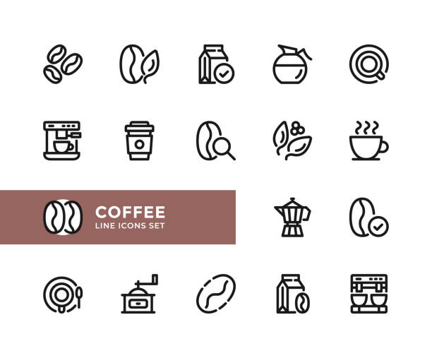 ilustraciones, imágenes clip art, dibujos animados e iconos de stock de iconos de línea vectorial de café. conjunto simple de símbolos de contorno, elementos de diseño gráfico lineal modernos. conjunto de iconos de café. pixel perfecto - coffee cup coffee coffee crop coffee bean