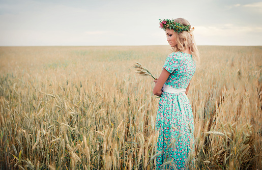 beautiful romantic girl in a delicate dress walks in a wheat field