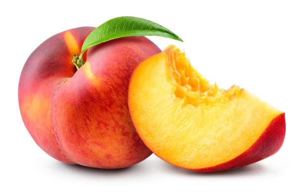 istock Peach with slice on white background. Peach isolate. Full depth aof field. With clipping path. 1219737240