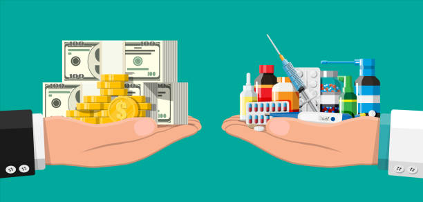 Hand scales with money and drugs Hand scales with pile of money and bottles of drugs and pills. Health insurance and healthcare. Buying and selling drugs. Pharmacy shop. Vector illustration in flat style inexpensive stock illustrations