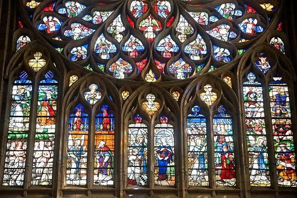 Sens (Yonne, Burgundy, France) - Interior of the Saint-Etienne cathedral, in gothic style, stained glass and part of rose window (ancient artwork, public domain)
