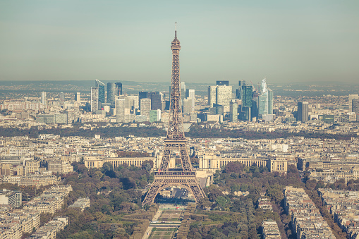 Paris, France - August 28, 2016: Aerial view over Paris from Eiffel Tower, sunny day in summer, Louvre