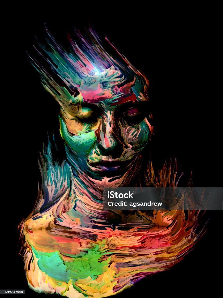 Ink Face Oily Ink paint portrait of young woman on the subject of personality, creativity and art Human Face stock illustration
