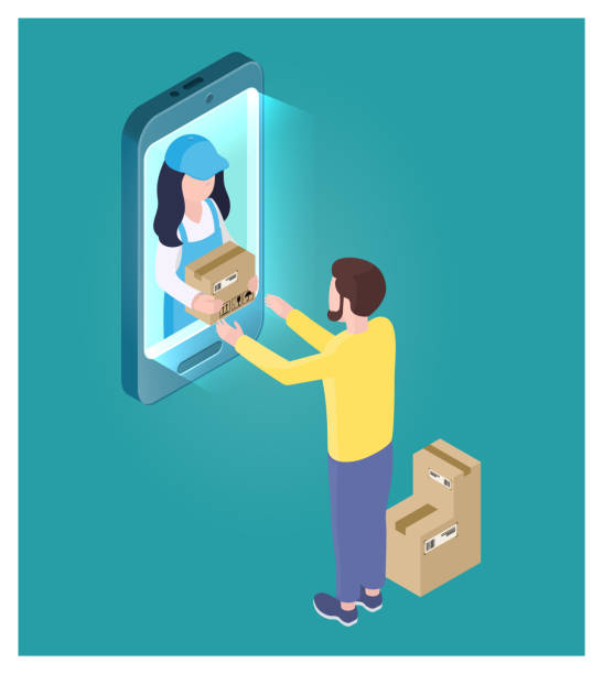 istock Online shopping, order, delivery isometric illustration. Stock vector. Mail worker gives parcels to a client. 1219739885