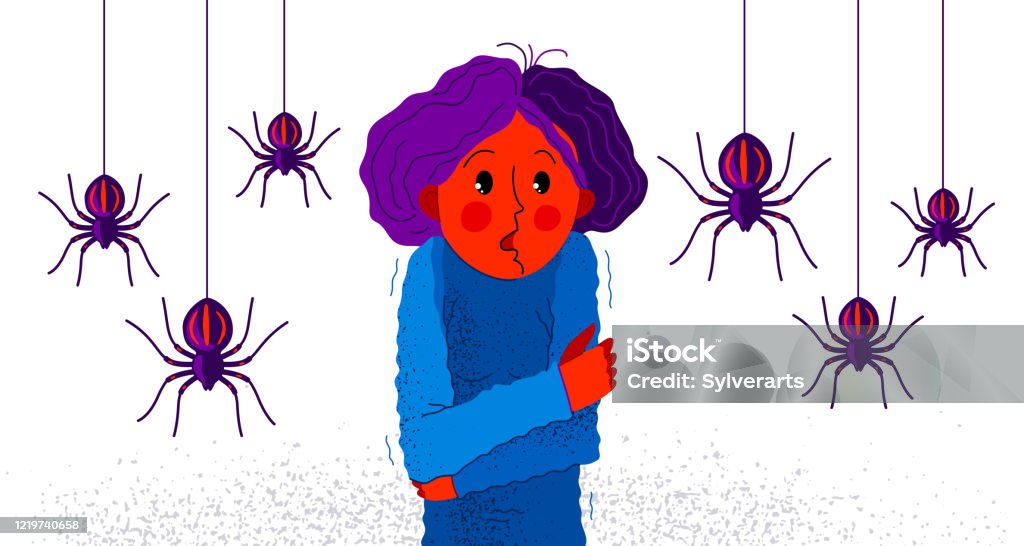 Arachnophobia fear of spiders vector illustration, girl surrounded by spiders scared in panic attack, psychology mental health concept. Fear stock vector