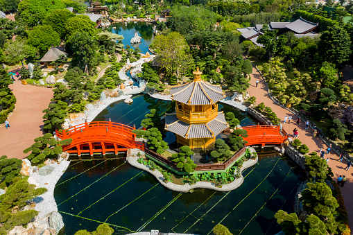 Drone view of Nan Lian Garden, Chi Lin Nunnery, Diamond Hills, Hong Kong