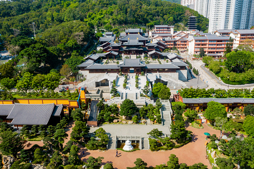 Drone view of Nan Lian Garden, Chi Lin Nunnery, Diamond Hills, Hong Kong