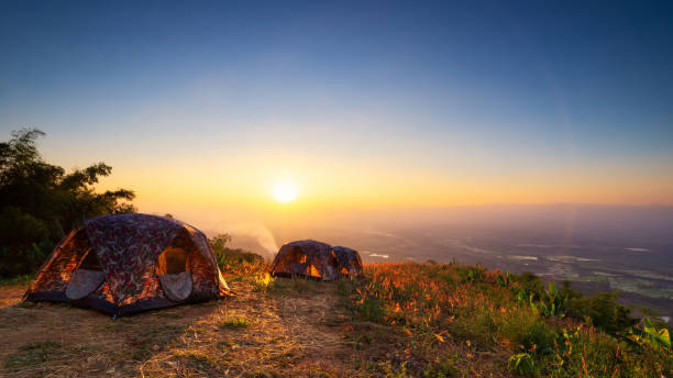 Photo of Landscape of sunrise or sunset over tent in nation park. Concept camping or picnic with eco vacation