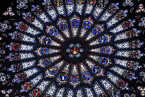 루앙 (호트-노르망디, 프랑스): 로즈 창을 캐서드럴 - stained glass church indoors close up 뉴스 사진 이미지