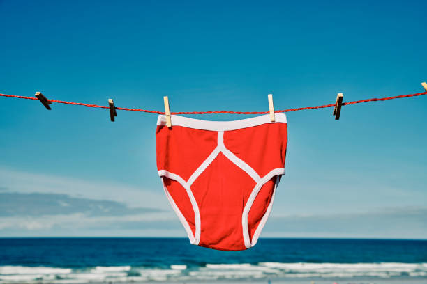 istock Vintage bright red Y-front underpants on a washing line on cliffs overlooking a beach on a sunny day. 1219742298
