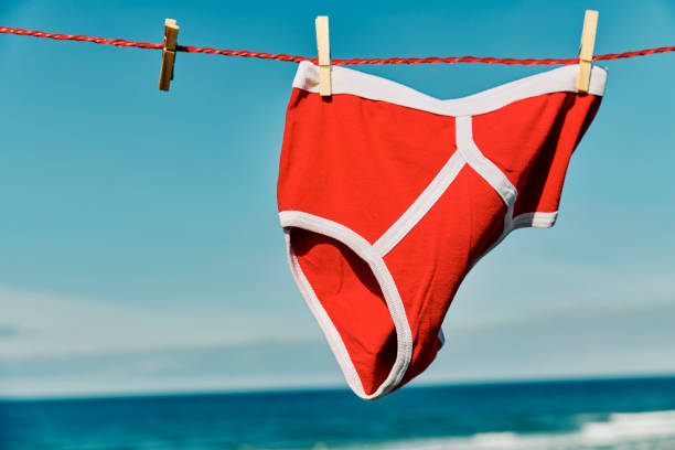 istock Vintage bright red Y-front underpants on a washing line on cliffs overlooking a beach on a sunny day. 1219742299