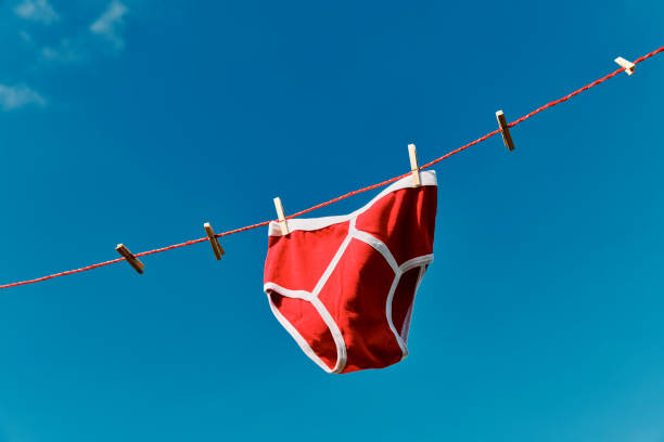 istock Vintage bright red Y-front underpants on a washing line against a clear blue sky. 1219742301