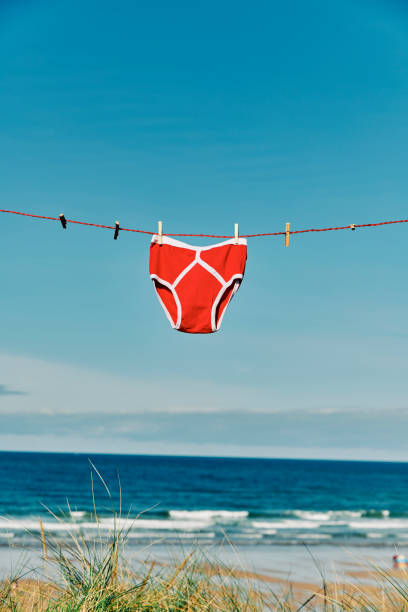 istock Vintage bright red Y-front underpants on a washing line on cliffs overlooking a beach on a sunny day. 1219742302