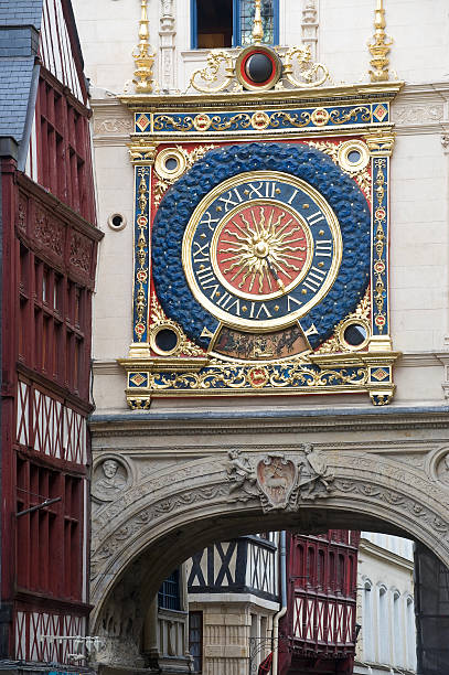 Rouen (Haute-Normandy, France) - Clock in the Rue du Gros-Horloge Rouen (Seine-Maritime, Haute-Normandie, France) - Exterior of the ancient clock tower, detail rue du gros horloge photos stock pictures, royalty-free photos & images