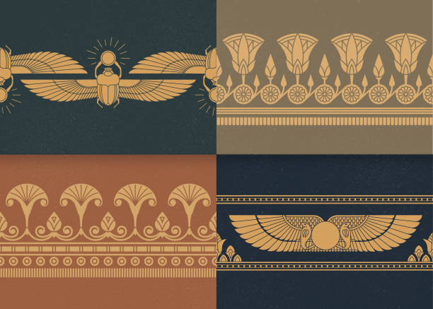 illustrazioni stock, clip art, cartoni animati e icone di tendenza di set di quattro un'illustrazione vettoriale senza soluzione di continuità di ornamento nazionale egiziano su vari sfondi - antico egitto immagine