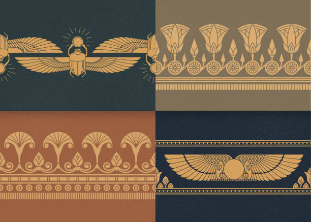 набор из четырех бесшовных векторных иллюстраций египетского национального орнамента на различных фонах - фараон иллюстрации stock illustrations