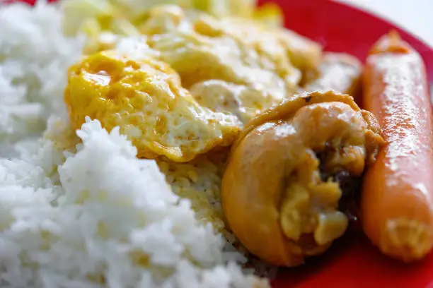 fast food of steamed chicken leg and sausage and fried egg and cabbage and rice