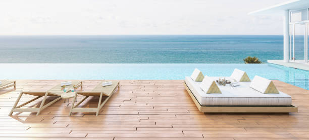 Computer generated image of rooftop terrace. Architectural Visualization. 3D rendering. Interior Design