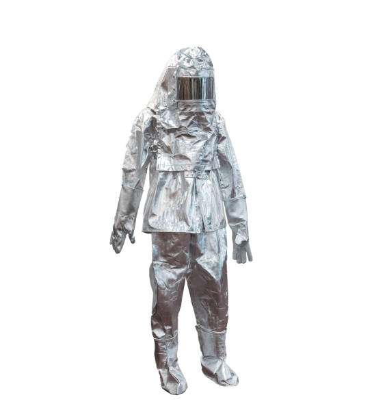 istock Suit color silver fire protection, protects the firefighter from high temperatures. In extreme temperature fires. Mannequin isolated on a white background.